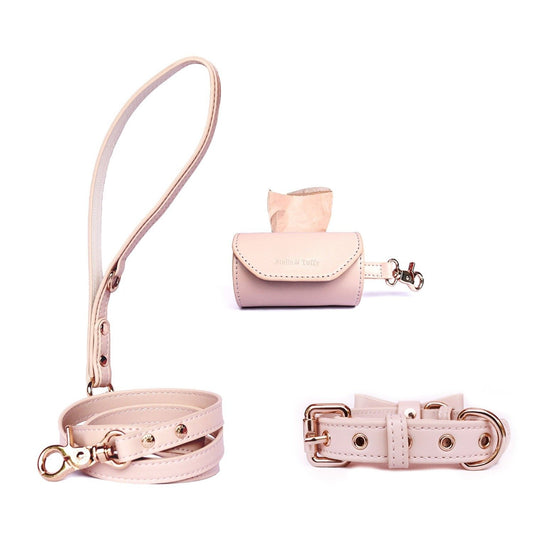 Designer dog collar with bow tie and leash poop bag holder. Designer vegan leather