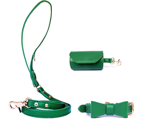 Forest green vegan leather dog collar, leash and poop bag holder set