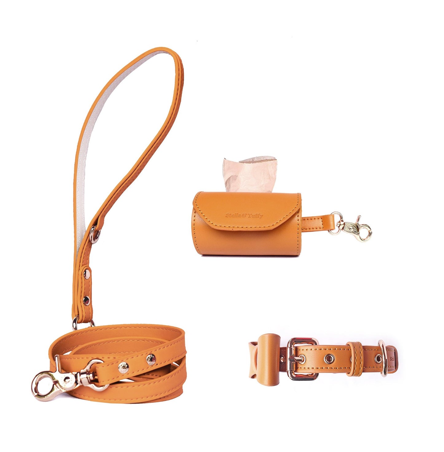Designer Collar, Poop bag and Leash Set -Burnt orange